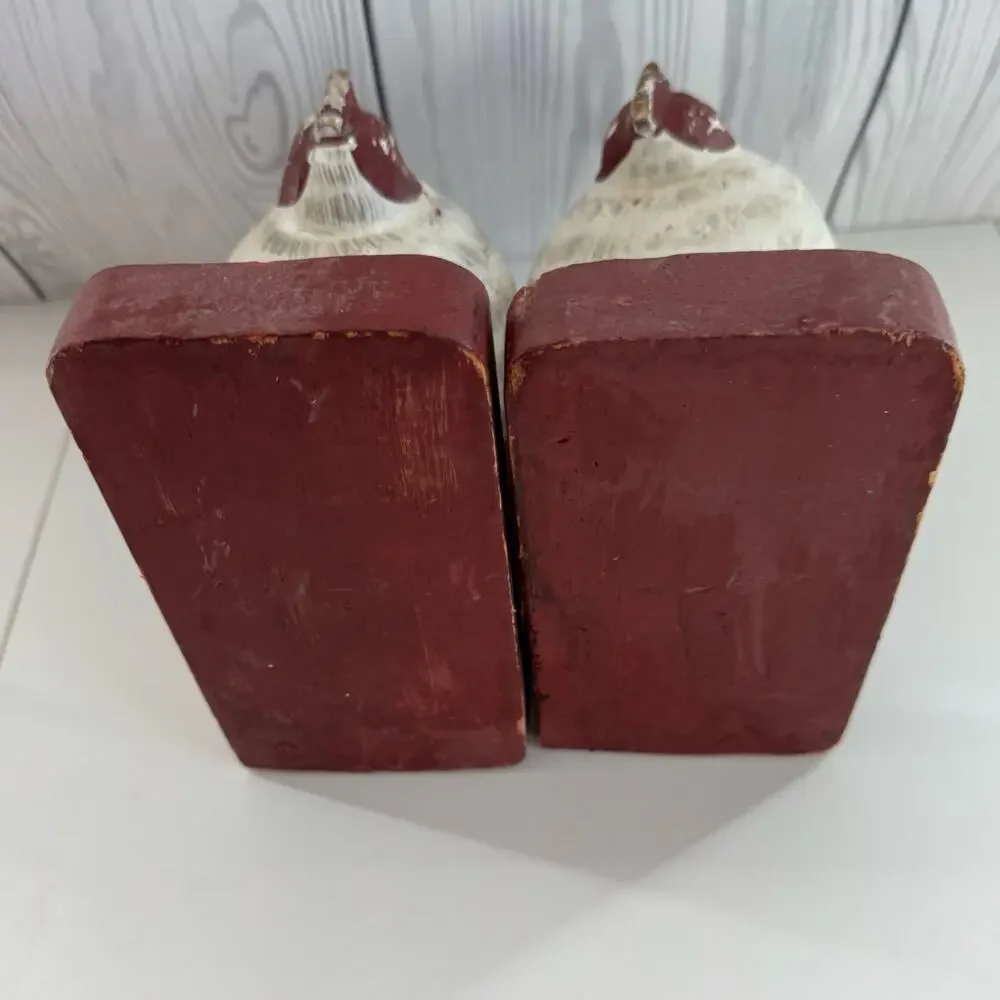 Chicken Bookends, Hand Carved Painted Wood - Bead and Tail